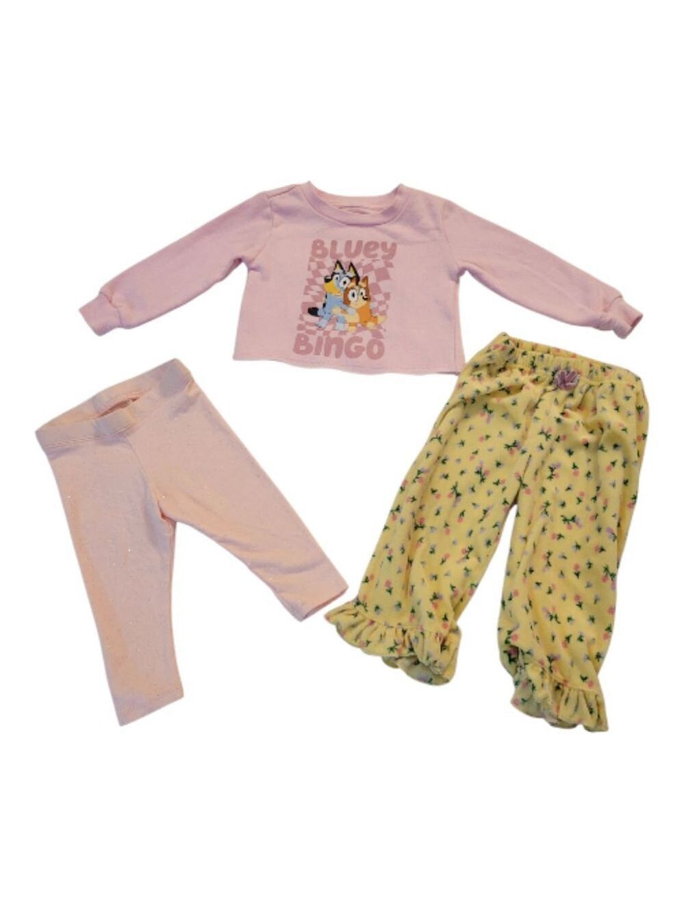 12M Bluey Sweatshirt, Glitter Leggings & Floral Pants Bundle